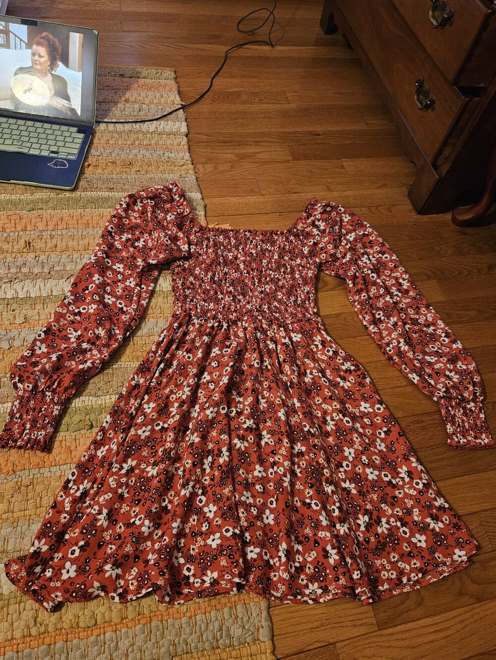 Summery Red Floral Long Sleeve Mini Dress
